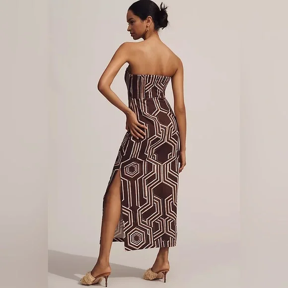 strapless linen plunge neck midi dress By Anthropologie